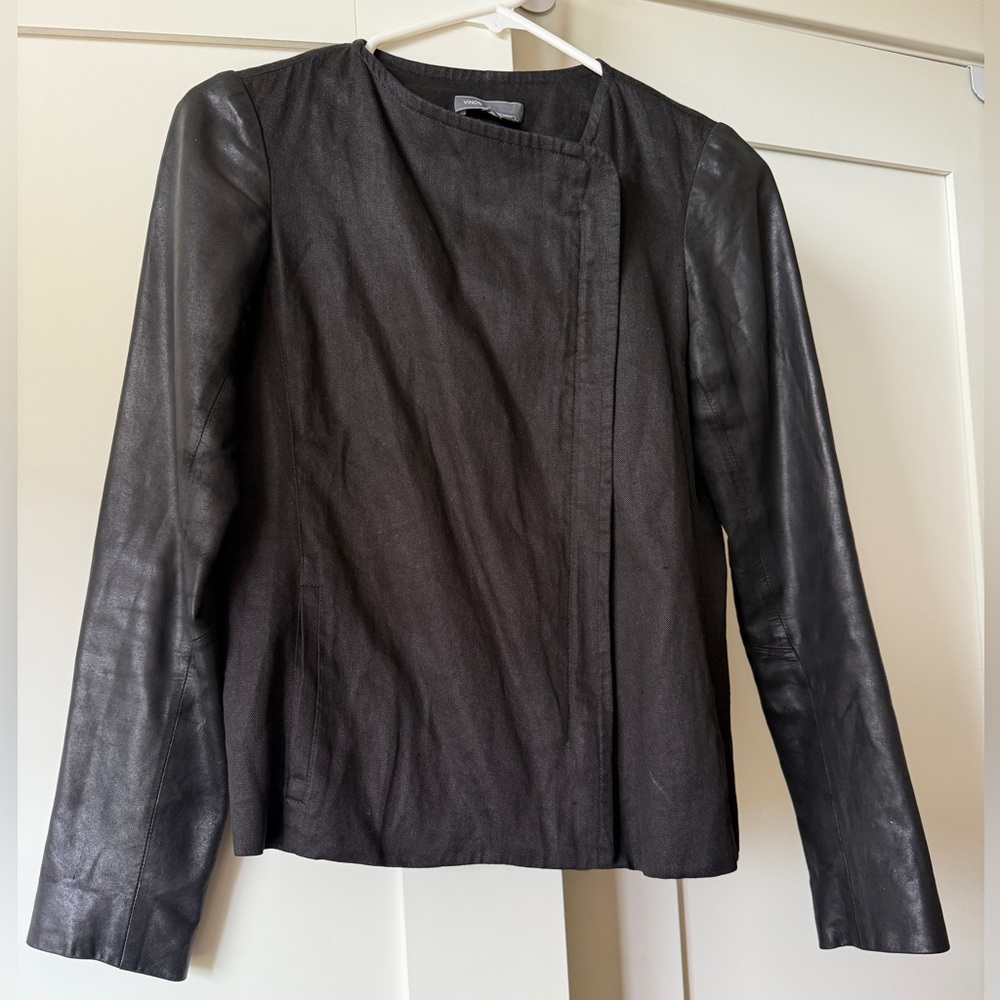 Black Denim/Faux Leather Asymmetrical Jacket, Size 2 by Vince